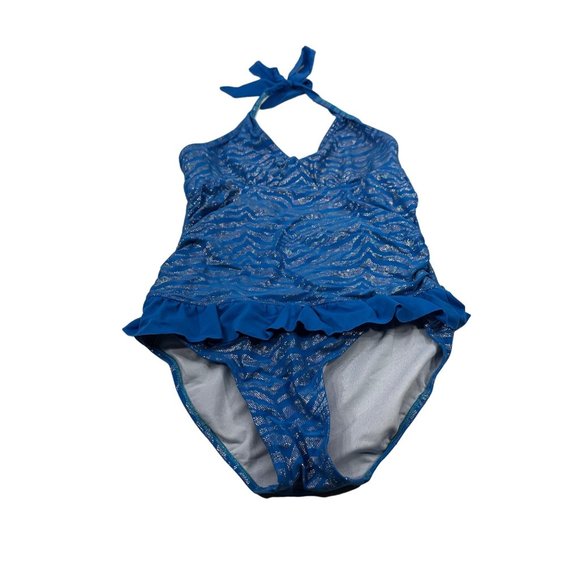 Justice Swim Girl's Size 18 One Piece Swim Suit Tie Neck Blue Preowned - Picture 1 of 11